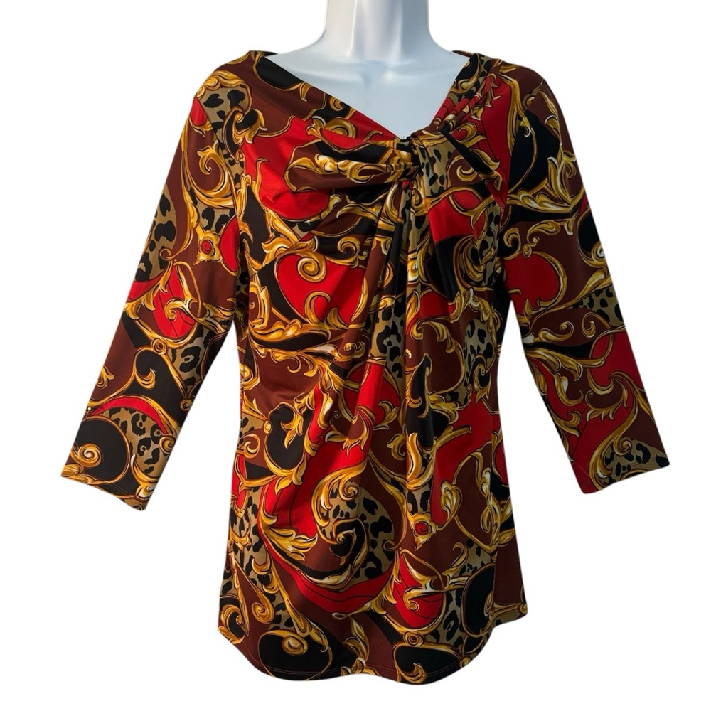CARMEN asymmetrical twist neck 3/4 sleeves LG top red gold black scrolling NWOT